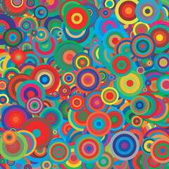 background made up of multiple circles in a variety of sizes and colors reminiscent of the vintage 70s and 80s aesthetic