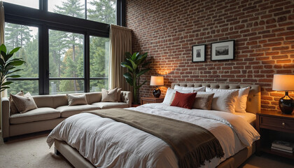Cozy bedroom with brick wall, large windows, and modern furnishings
