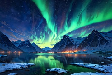 Vibrant aurora borealis over snowy mountains with reflection on water, showcasing natural beauty and the phenomenon of northern lights.