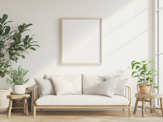 cozy living room featuring minimalist sofa with soft cushions, surrounded by lush greenery and natural light streaming through large windows. serene atmosphere invites relaxation and comfort