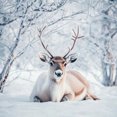 Reindeer resting under frosted trees in Lapland, quiet and tranquil winter scene