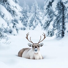Reindeer resting under snow-laden pine trees, tranquil Lapland landscape