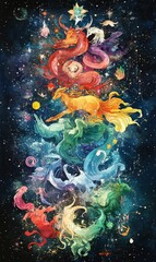 Mythical creatures swirling in space.