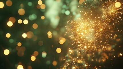 Vintage gold and green fireworks light up the night sky, creating a festive New Year&rsquo;s Eve atmosphere.
