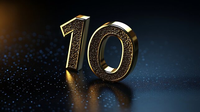 A shiny golden numeral "10" glimmers on a dark surface, surrounded by a subtle glow, symbolizing achievement or a milestone. - Powered by Adobe