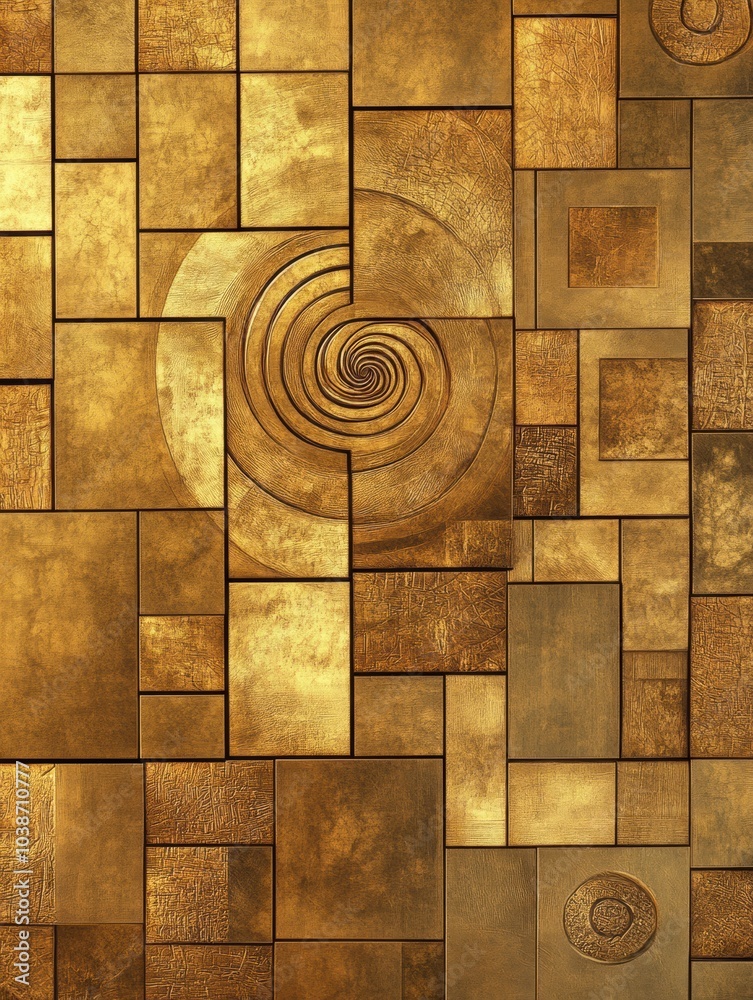 Poster Golden shapes blend together to form a complex abstract pattern, featuring a spiral entwined with various geometric figures. Generative AI