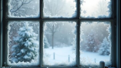 Snowflakes on frosty window reveals snowy garden perfect for winter holiday messages