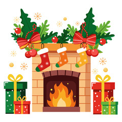 Christmas Fireplace with Stockings and Gifts