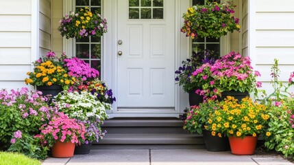 Colorful Flower Pots at Welcoming Front Entrance