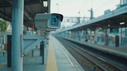 Surveillance Camera at Train Station with Empty Tracks