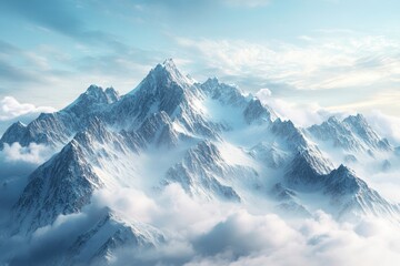 Majestic snowy mountain peaks rise above soft clouds in a serene sky view at sunrise