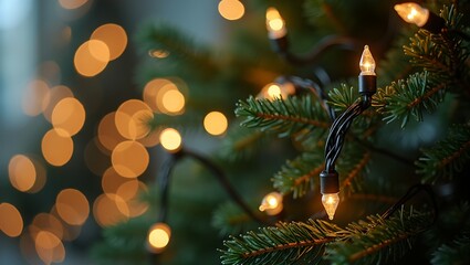 Festive pine garland with glowing Christmas lights for holiday copy