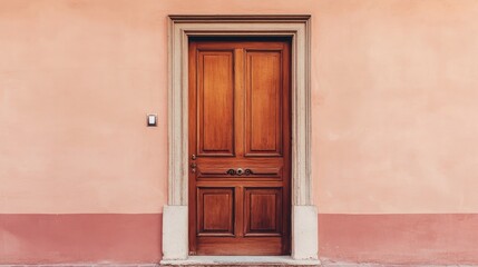 Classic Wooden Door with Elegant Frame on Pink Wall