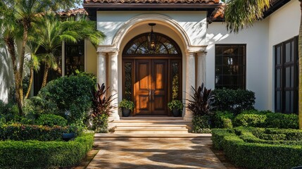 Fototapeta premium Elegant Entrance of Luxurious Home with Lush Landscape