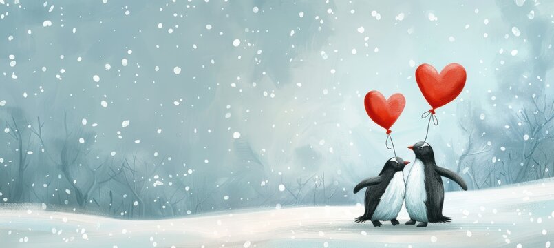 Cute Penguins with Heart Balloons in Winter Wonderland for Valentine's Day Card Design