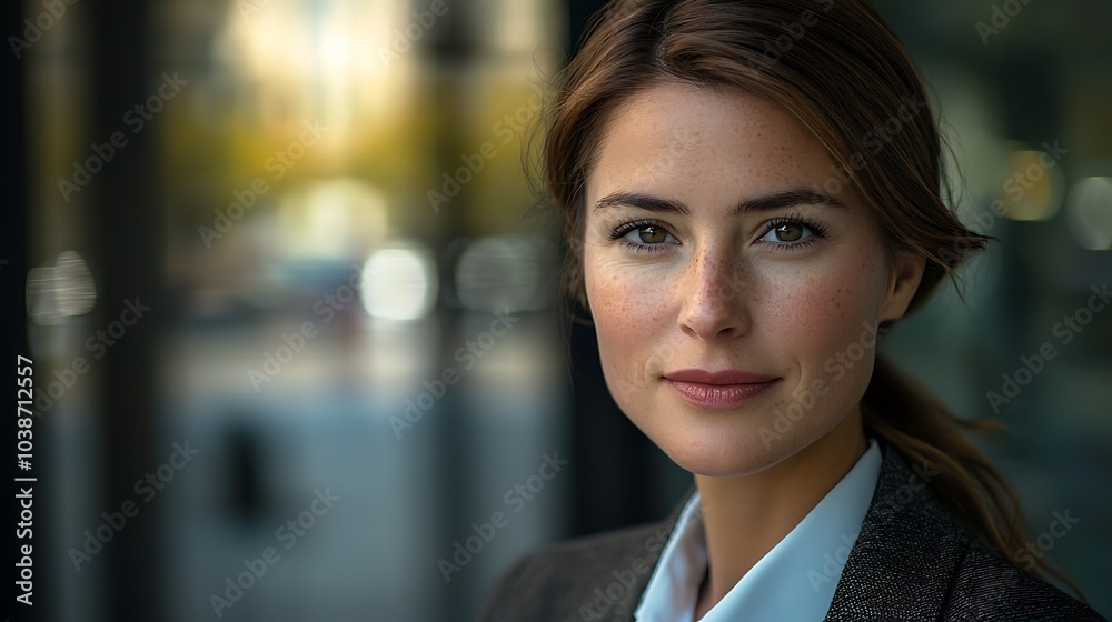 Wall mural A confident woman with a light smile stands in a professional setting, exuding elegance and poise against a softly blurred background.