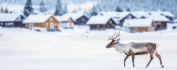 Reindeer walking through a Lapland village covered in fresh snow, peaceful winter morning