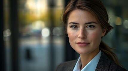 Fototapeta premium A confident woman with a light smile stands in a professional setting, exuding elegance and poise against a softly blurred background.