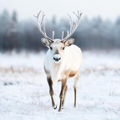 Obraz premium Reindeer with frosted antlers walking through a snowy meadow, peaceful Lapland day