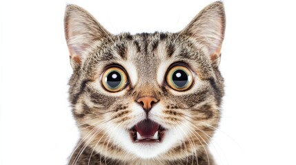 Close-Up Portrait of a Tabby Cat with Wide Eyes and Open Mouth, Pet, Feline