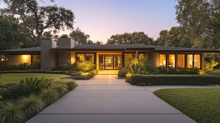 Obraz premium Modern house exterior with beautiful landscape at dusk