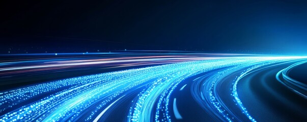 Digital Highway A blue illuminated path of light on a dark road, representing technology and progress. ,Technology ,Progress