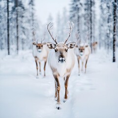 Obraz premium Reindeer with frosted fur walking through a quiet, snow-laden Lapland forest