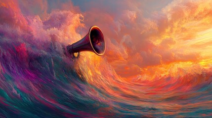 Obraz premium Digital Painting of a Megaphone Emerging from Abstract Waves, surreal, art , digital art