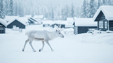 Reindeer with frosted fur walking through a quiet, snow-laden Lapland forest