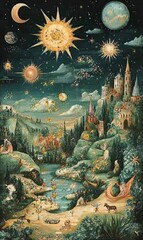 Obraz premium A fantastical landscape with celestial bodies and a castle.