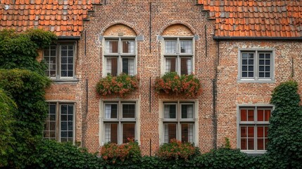 Naklejka premium Charming Brick Facade with Flower Boxes and Greenery