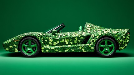 Naklejka premium Green Leaf Covered Convertible Sports Car, eco-friendly ,sustainable car