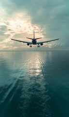 Airplane landing on a calm sea.