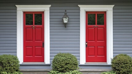 Fototapeta premium Charming Red Doors on a Gray House Exterior