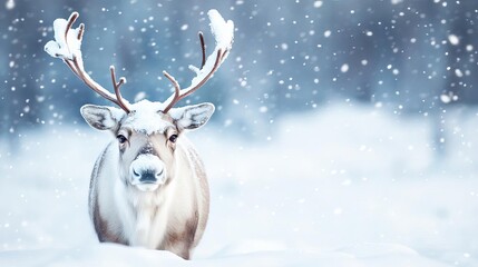 Reindeer with snow-covered antlers standing proudly in the Lapland wilderness