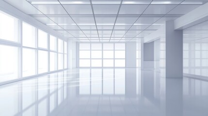 Obraz premium Modern Empty Room with White Ceiling, Large Windows and Gleaming Floor, minimalist, interior design