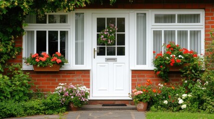 Charming Front Porch with Flowering Plants and Door