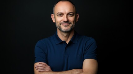 Fototapeta premium Portrait of a Man with Arms Crossed, Smiling, Blue Polo Shirt, Dark Background, headshot, portrait , portrait photography