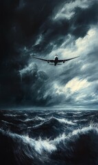 Naklejka premium Airplane flying through stormy sky over rough sea.