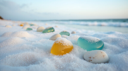 Yellow and blue translucent stones partially covered with snow sparkle against the backdrop of a snowy winter landscape. Against the backdrop of a turquoise winter sea