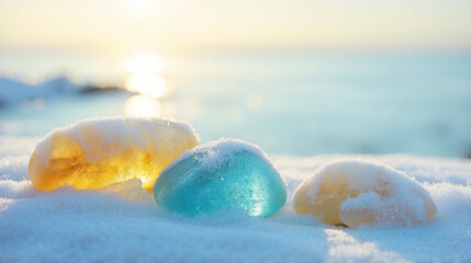 Yellow and blue translucent stones partially covered with snow sparkle against the backdrop of a snowy winter landscape. Against the backdrop of a turquoise winter sea