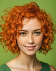 Fototapeta premium Beautiful red-haired girl with bright green eyes on a green background