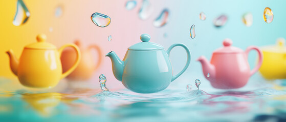 Fototapeta premium AI generator image of Abstract composition with floating colorful teapot and mugs in playful setting ,Ceramic Teapot, Handmade Pottery, mugs Set For Tea Lovers, Unique Teapot