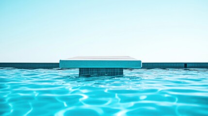 A swimming pool diving board and water ripples, outdoor setting with clear sky reflections, Serene style