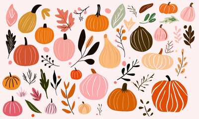Hello autumn winter. Set of vector cute illustrations of mushrooms, leaves, pumpkin, autumn set