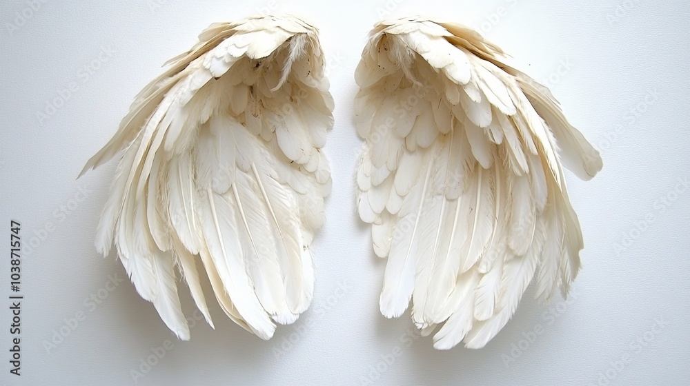 Wall mural white angel wings on a white background, feather, angel