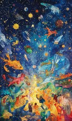 Colorful abstract painting of celestial bodies and people.