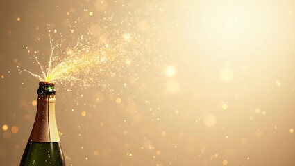 Elegant champagne bottle popping with golden bubbles flowing