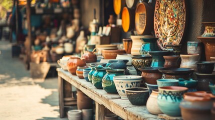 Fototapeta premium A vibrant pottery market with pottery vendors and ceramic artworks, Pottery displays and artisanal pottery pieces set up for artistic appreciation, Classic photo of