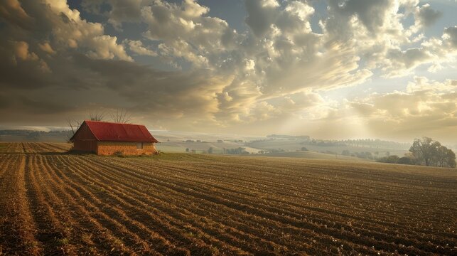 A solitary farm building in a vast field under a dramatic sky in Argentan during early morning light